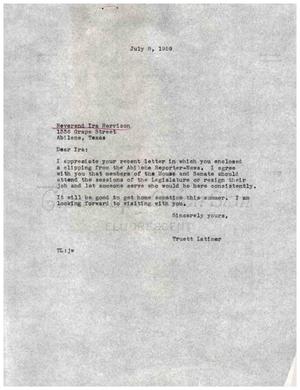 Primary view of object titled '[Letter from Truett Latimer to Ira Harrison, July 8, 1959]'.