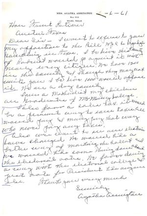 Primary view of object titled '[Letter from Mrs. Agatha Arrington to Truett Latimer, March 6, 1961]'.