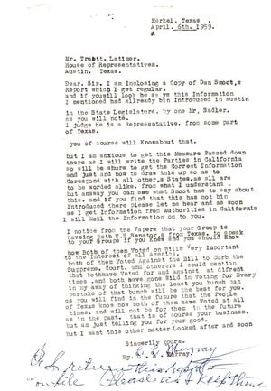 [Letter from L. L. Murray to Truett Latimer, April 6, 1959]