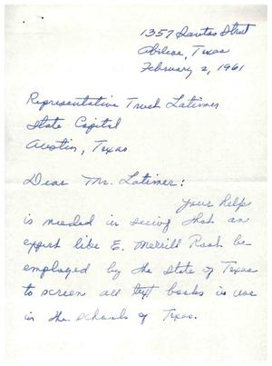 [Letter from Emma George Cooke to Truett Latimer, February 2, 1961]