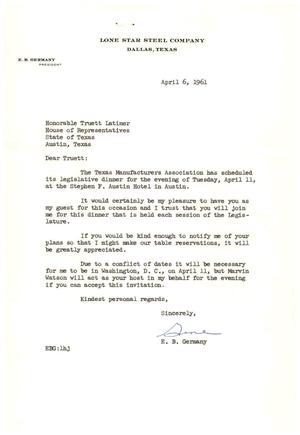 [Letter from E. B. Germany to Truett Latimer, April 6, 1961]