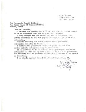 [Letter from T. M. Berry to Truett Latimer]