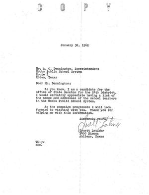 Primary view of [Letter from Truett Latimer to A. O. Dennington, January 30, 1962]