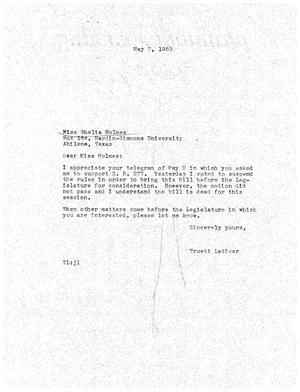 [Letter from Truett Latimer to Shelia Holmes, May 7, 1959]