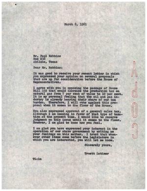 [Letter from Truett Latimer to Paul Robbins, March 8, 1961]