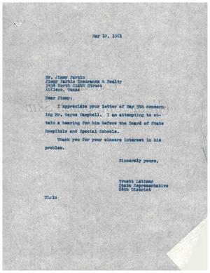 [Letter from Truett Latimer to Jimmy Partin, May 10, 1961]