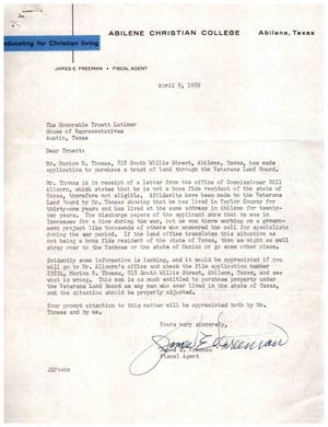 [Letter from James E. Freeman to Truett Latimer, April 9, 1959]