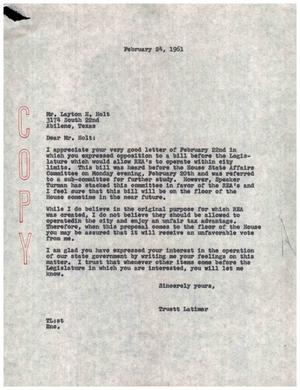 [Letter from Truett Latimer to Layton H. Holt, February 24, 1961]