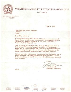 Primary view of object titled '[Letter from John Holcomb to Truett Latimer, May 4, 1960]'.