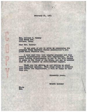 [Letter from Truett Latimer to Mrs. Lillian L. Ramsey, February 21, 1961]