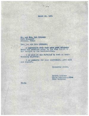 [Letter from Truett Latimer to Mr. and Mrs. Len Johnson, March 22, 1961]