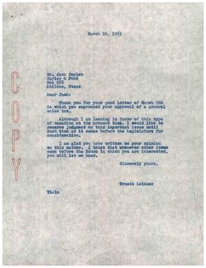 [Letter from Truett Latimer to Jack Sayles, March 10, 1961]