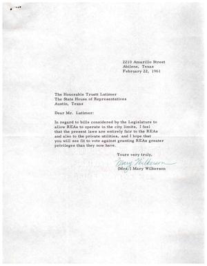 [Letter from Mrs. Mary Wilkerson to Truett Latimer, February 22, 1961]