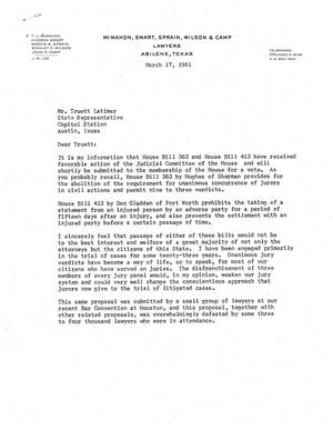[Letter from Marvin S. Sprain to Truett Latimer, March 17, 1961]