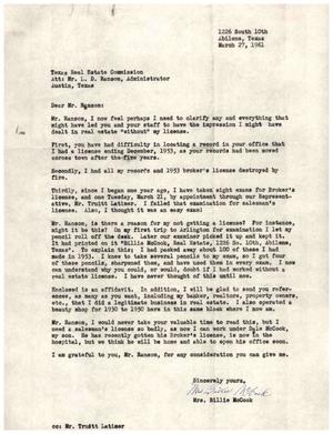 [Letter from Mrs. Billie McCook to L. D. Ransom, March 27, 1961]