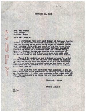 [Letter from Truett Latimer to Mrs. Ben Morris, February 23, 1961]
