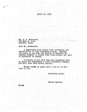 [Letter from Truett Latimer to O. C. McDermett, April 13, 1961]