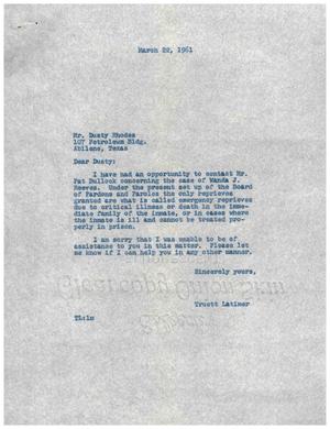 [Letter from Truett Latimer to Dusty Rhodes, March 22, 1961]