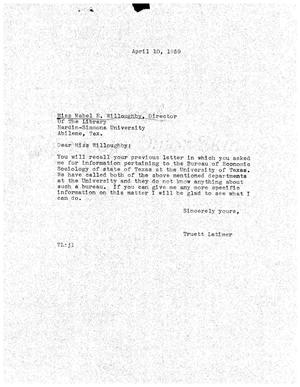 [Letter from Truett Latimer to Mabel E. Willoughby, April 10, 1959]