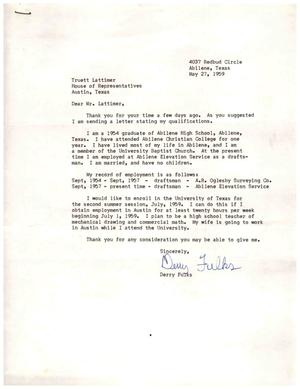 [Letter from Derry Fulks to Truett Latimer, May 27, 1959]