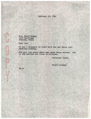 [Letter from Truett Latimer to Mrs. David Hooper, February 23, 1961]