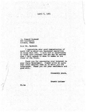 [Letter from Truett Latimer to Howard Harwood, April 6, 1961]