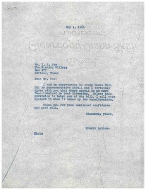 [Letter from Truett Latimer to I. R. Yaw, May 1, 1961]