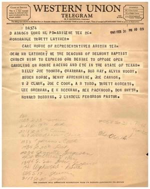 [Telegram from the Deacons of Belmont Baptist Church, February 26, 1961]