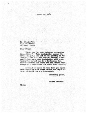 [Letter from Truett Latimer to Frank Fite, April 10, 1961]