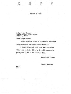 [Letter from Truett Latimer to Owen Thomas, August 3, 1961]