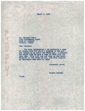[Letter from Truett Latimer to Bernard Huett, March 9, 1961]