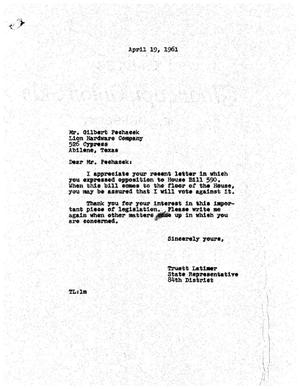 [Letter from Truett Latimer to Gilbert Pechacek, April 19, 1961]