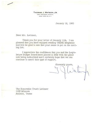 [Letter from Thomas J. Watson, Jr. to Truett Latimer, January 19, 1960]