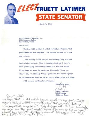 [Letter from Truett Latimer to Clifton S. Perkins, Jr., April 9, 1962]
