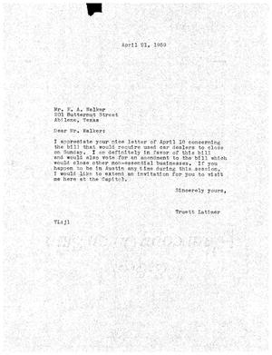 [Letter from Truett Latimer to E. A. Walker, April 21, 1959]