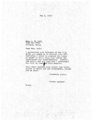 [Letter from Truett Latimer to Mrs. O. M. Bell, May 2, 1959]