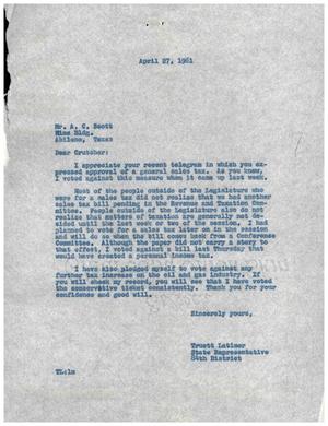 [Letter from Truett Latimer to A. C. Scott, April 27, 1961]