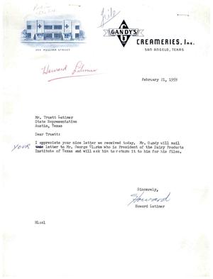 [Letter from Howard Latimer to Truett Latimer, February 21, 1959]