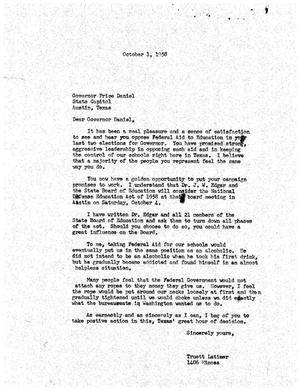 [Letter from Truett Latimer to Price Daniel, October 1, 1958]