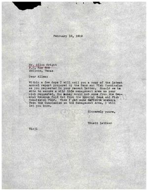 [Letter from Truett Latimer to Allen Wright, February 18, 1959]