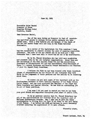 [Letter from Truett Latimer to Price Daniel, June 25, 1961]