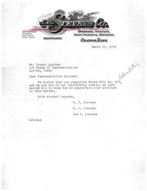 [Letter from F. E. Stevens to Truett Latimer, March 14, 1959]