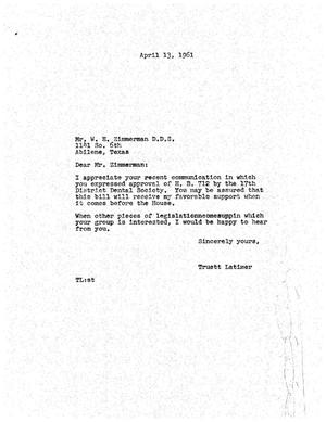 [Letter from Truett Latimer to W. E. Zimmerman, April 13, 1961]