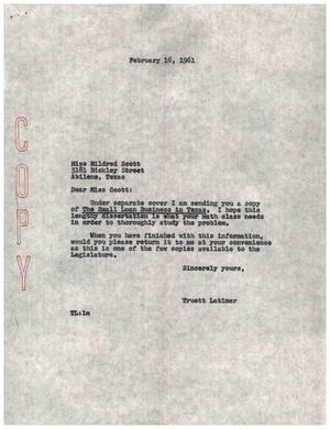 [Letter from Truett Latimer to Mildred Scott, February 16, 1961]