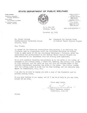 [Letter from Mrs. Bernice Landers to Truett Latimer, November 30, 1961]