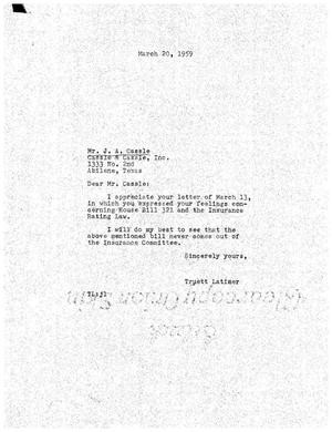 [Letter from Truett Latimer to J. A. Cassle, March 20, 1959]