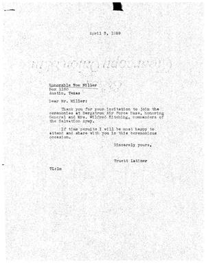 [Letter from Truett Latimer to Tom Miller, April 3, 1959]