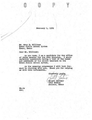 [Letter from Truett Latimer to Wray B. Williams, February 1, 1962]