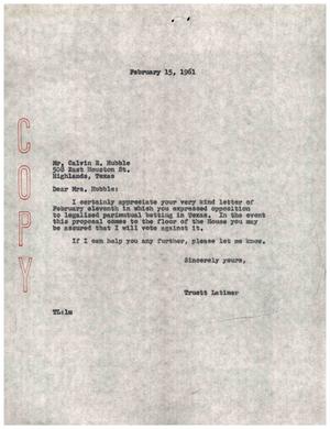 [Letter from Truett Latimer to Calvin E. Hubble, February 15, 1961]