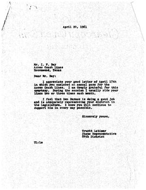 [Letter from Truett Latimer to I. F. Bay, April 20, 1961]